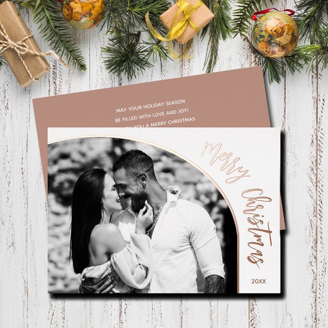 Carte De Vœux En Aluminium Joyeux Noël or rose (Merry Christmas REAL rose gold foil holiday photo cards)