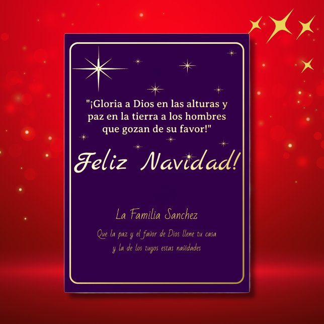 Carte De Vœux En Aluminium Joyeux Noël Or & Violet Luc 2:14 Verset (Spanish Christmas greetings, customizable bible verse in Spanish, Con Jesus en el camino)