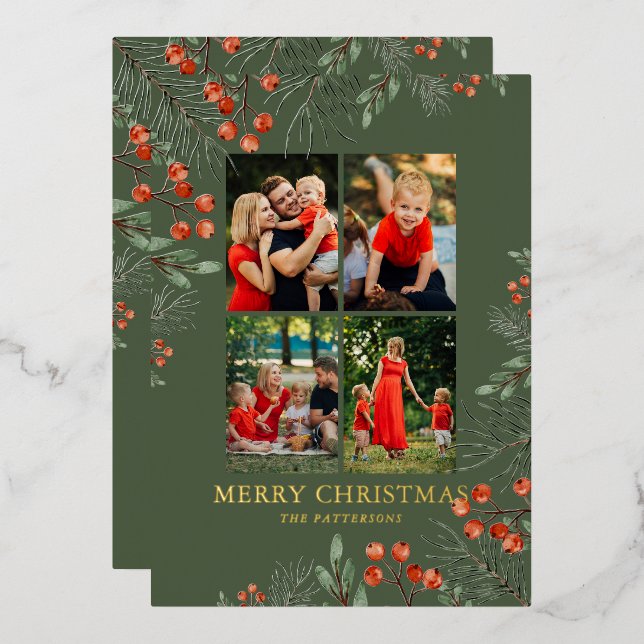 Carte De Vœux En Aluminium Joyeux Noël Photo Collage Aquarelle Floral (Recto/Verso)