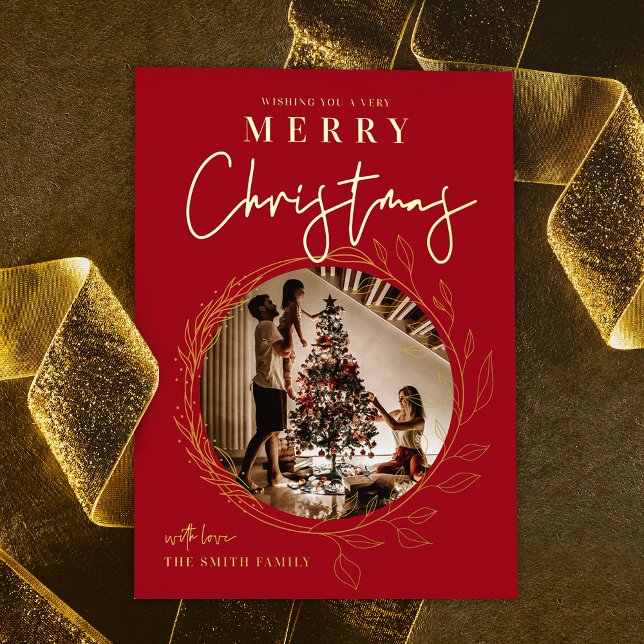 Carte De Vœux En Aluminium Joyeux Noël Photo Holly Wreath Foil Card (Red and gold foil big photo Christmas holiday card with elegant wreath photo frame effect)