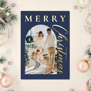 Carte De Vœux En Aluminium Joyeux Noël Photo Or Bleu Marine