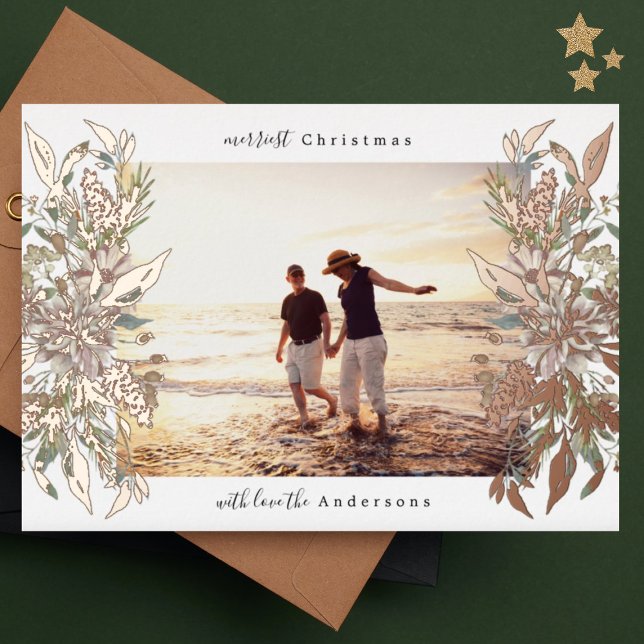 Carte De Vœux En Aluminium Joyeux Noël Photo Rose Gold Botanique Floral (Créateur téléchargé)