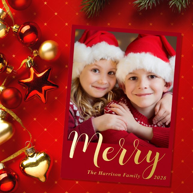 Carte De Vœux En Aluminium Joyeux Noël Photo Rouge (This holiday season, let your family's smiles & heartwarming memories shine on our real foil card)