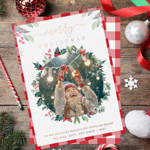 Carte De Vœux En Aluminium Joyeux Noël Plaid Photo Botanique