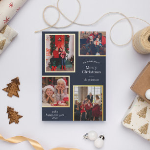 Carte De Vœux En Aluminium Joyeux Noël Quatre Photos Rayures Classiques Navy