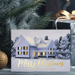 Carte De Vœux En Aluminium Joyeux Noël Real Estate Company Winter Gold<br><div class="desc">Cette belle carte de vacances en feuille d'or personnalisée est parfaite pour une entreprise immobilière située au nord. Superbe neige blanche borde les arbres et la maison sur cette photo d'hiver. Un courtier peut garder Joyeux Noël en écriture or ou customiser avec ses propres Joyeuses Fêtes. Ajoutez votre message personnalisé...</div>