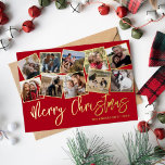 Carte De Vœux En Aluminium Joyeux Noël Red Photo Collage<br><div class="desc">Elégante carte en feuille d'or de Noël avec un arrière - plan rouge classique,  un collage photo de 10 carrés qui capture des souvenirs tout au long de l'année,  les "joyeux noël" Joyeuses Fêtes,  le nom de famille et l'année.</div>