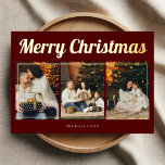 Carte De Vœux En Aluminium Joyeux Noël Retro Script photo Rouge<br><div class="desc">Célébrez la saison avec notre carte de Noël personnalisée. Le devant présente le script rétro intitulé 'Joyeux Noël' au-dessus de trois photos chères. Au dos,  ajoutez quatre photos supplémentaires et un message personnalisé pour une touche de coeur.</div>
