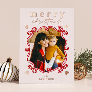 Carte De Vœux En Aluminium Joyeux Noël Rose Gold Foil Ribbon Bow Photo