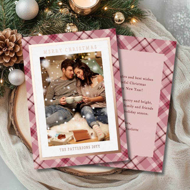 Carte De Vœux En Aluminium Joyeux Noël rose Tartan Photo (Créateur téléchargé)