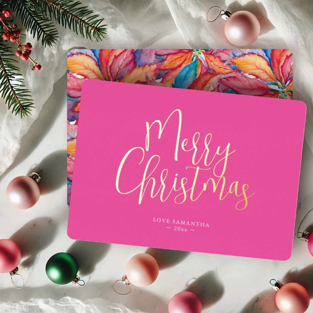 Carte De Vœux En Aluminium Joyeux Noël rose tendance (Colorful pink Christmas cards with multi color watercolor poinsettia art Do tell A Belle)