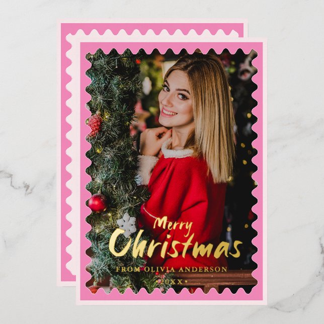 Carte De Vœux En Aluminium Joyeux Noël rose Wavy Frame Photo (Recto/Verso)