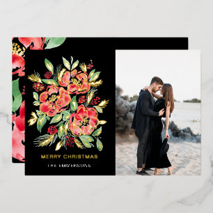 Carte De Vœux En Aluminium Joyeux Noël roses d'aquarelle rouge