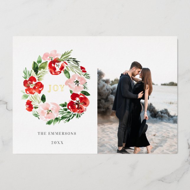 Carte De Vœux En Aluminium Joyeux Noël rouge aquarelle rose couronne (Recto)