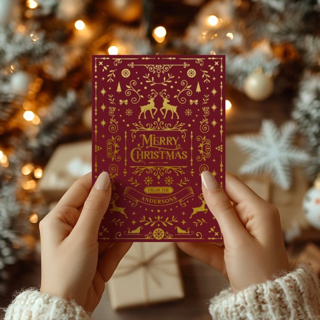 Carte De Vœux En Aluminium Joyeux Noël Rouge & Gold Classic (Merry Christmas Red & Gold Classic Foil Holiday Card)