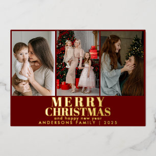 Carte De Vœux En Aluminium Joyeux Noël Rouge Script 3 Collage Multi-Photo