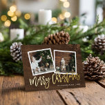 Carte De Vœux En Aluminium Joyeux Noël Rustic Gold Script Photo<br><div class="desc">Cartes de voeux photos imprimées sur mesure et abordables avec des modèles simples pour la personnalisation. Ce design rustique chic dispose d'un 2 modèle photo avec un texte en véritable feuille d'or sur un arrière - plan à l'aspect bois. Personnalisez-le avec vos photos, nom de famille, année ou autre texte...</div>