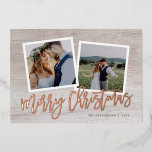Carte De Vœux En Aluminium Joyeux Noël Rustique Script 2 Photo Gold<br><div class="desc">Cartes photos de Noël imprimées sur mesure et abordables avec des modèles simples pour la personnalisation. Ce design rustique chic dispose d'un 2 modèle photo avec un texte en véritable feuille d'or sur un arrière - plan à l'aspect bois. Personnalisez-le avec vos photos, nom de famille, année ou autre texte...</div>