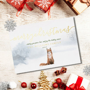 Carte De Vœux En Aluminium Joyeux Noël Script Hiver Renard Or