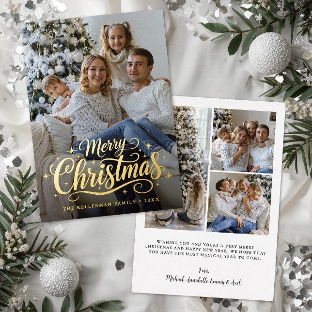Carte De Vœux En Aluminium Joyeux Noël Simple Élégant Photo Or (Merry Christmas Simple Elegant Photo Gold Foil Holiday Card )
