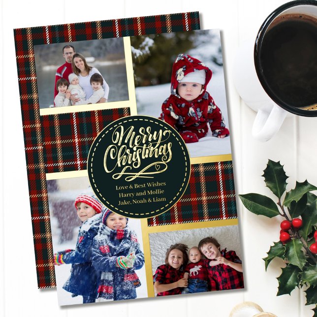 Carte De Vœux En Aluminium Joyeux Noël Tartan Plaid 4 Photo Collage Or (Créateur téléchargé)