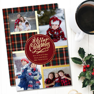 Carte De Vœux En Aluminium Joyeux Noël Tartan Plaid 4 Photo Rouge et Or