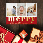 Carte De Vœux En Aluminium Joyeux Noël Trois Photo Collage Rouge Blanc<br><div class="desc">Elégante carte de vacances en feuille d'or de Noël moderne avec trois collages photo et un accueil de Noël en or sur l'arrière - plan rouge : Joyeux Noël, dans un mélange de typographie classique et de script moderne chic écrit à la main. Le verso de la carte contient votre...</div>