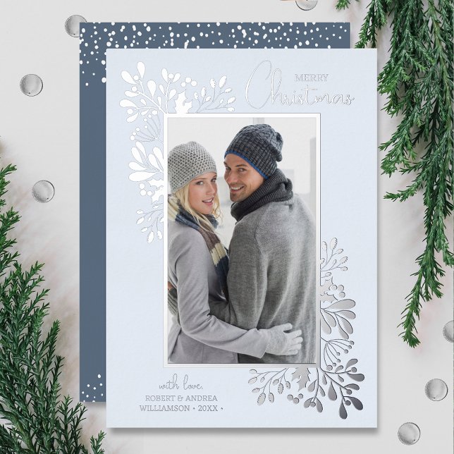 Carte De Vœux En Aluminium Joyeux Noël vert argent (REAL silver foil! Merry Christmas Greenery Holiday Cards)