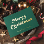 Carte De Vœux En Aluminium Joyeux Noël vert du milieu du siècle rétro<br><div class="desc">Joyeuse carte de Noël : un design rétro classique,  avec une typographie moderne du milieu du siècle en feuille d'or et un arrière - plan vert classique.</div>