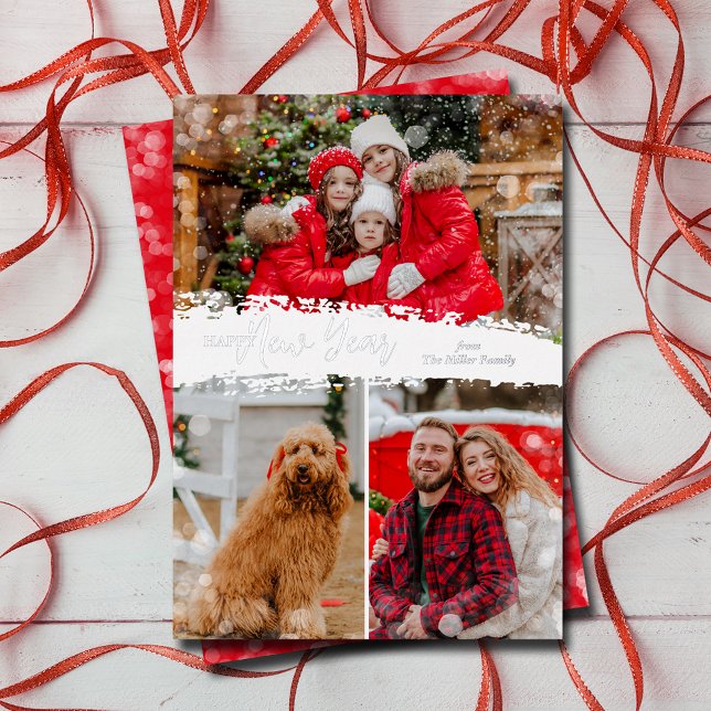 Carte De Vœux En Aluminium Joyeux Nouvel An 3 Photo (Happy New Year 3 Photo Foil Holiday Cards)
