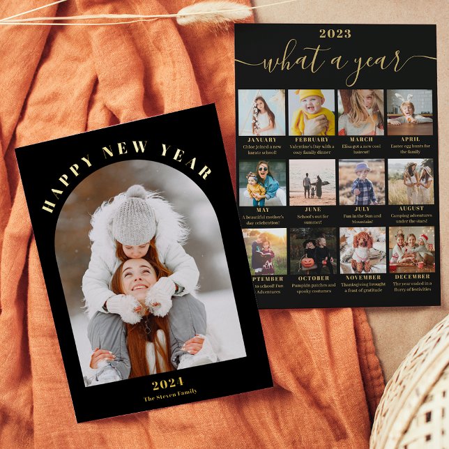 Carte De Vœux En Aluminium Joyeux Nouvel An année en revue 13 photos noir (Happy New Year arch year in review 13 photos black Foil Holiday Card)
