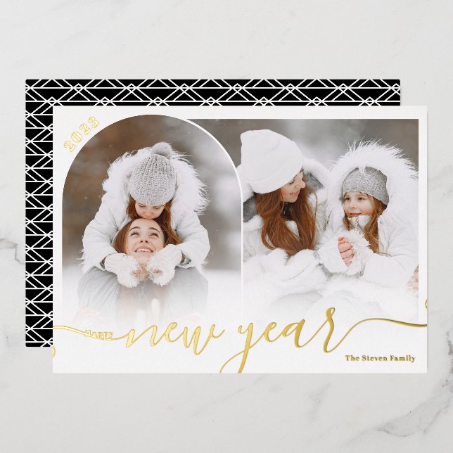 Carte De Vœux En Aluminium Joyeux Nouvel An noir 2 photo arche superposition  (Recto/Verso)