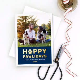 Carte De Vœux En Aluminium Joyeux Pawlidays Photo de Chien Moderne Or Navy