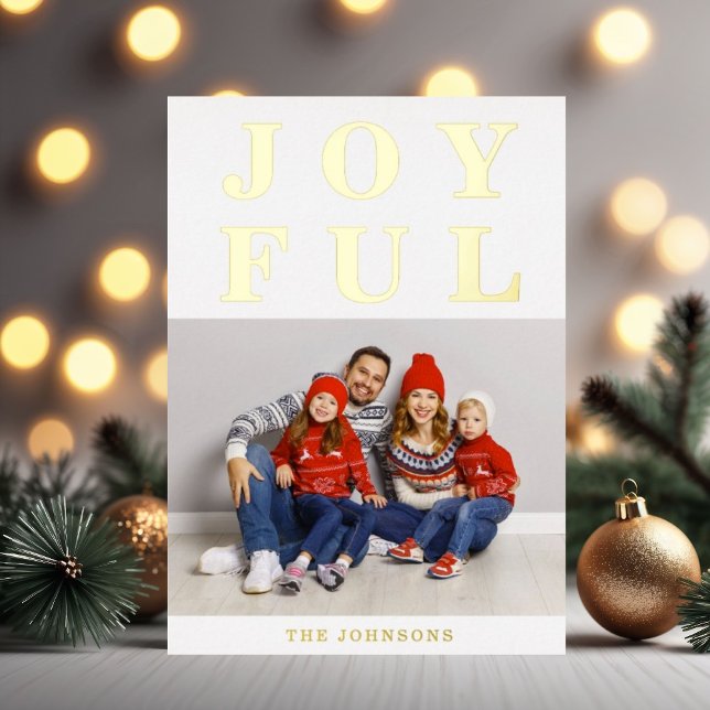 Carte De Vœux En Aluminium Joyeux Photo moderne Gold de Noël (Elegant Joyful Photo Christmas Gold Foil Holiday Card)