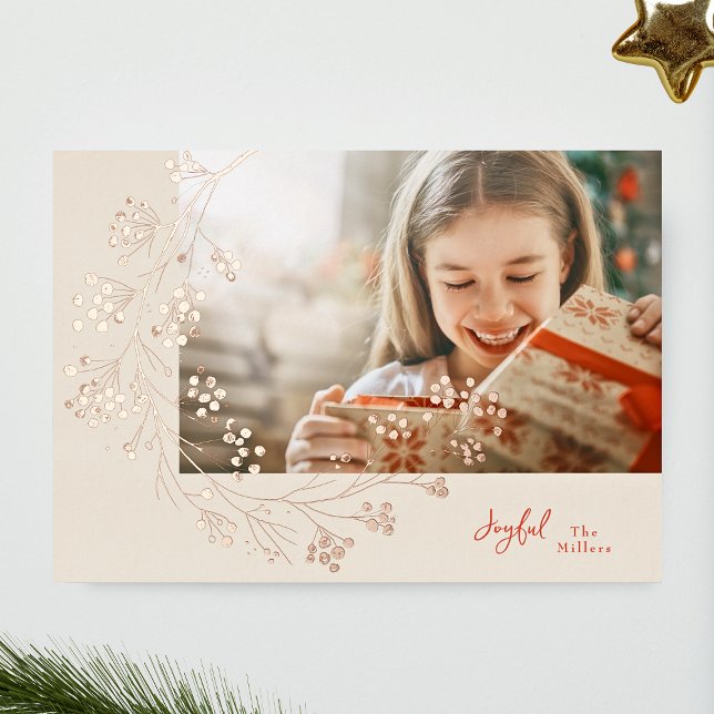 Carte De Vœux En Aluminium JOYEUX | Rouge et crème Photo Rose Gold (Créateur téléchargé)