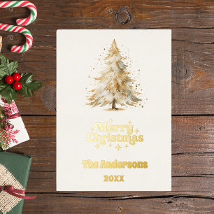Carte De Vœux En Aluminium Joyeux sapin de Noël blanc neige or
