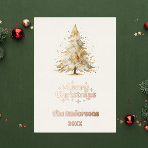 Carte De Vœux En Aluminium Joyeux sapin de Noël blanc neige or rose