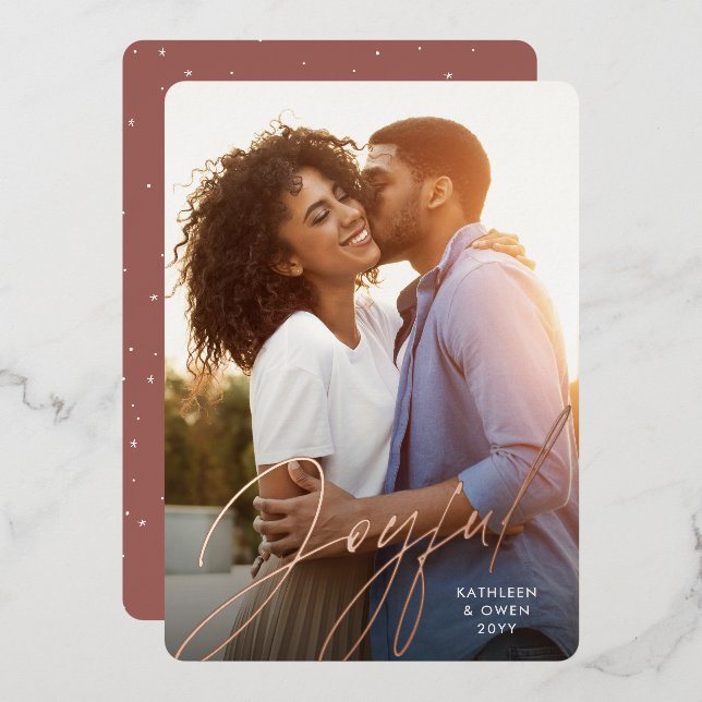 Carte De Vœux En Aluminium Joyeux script moderne rose or photo de Noël (Recto/Verso)