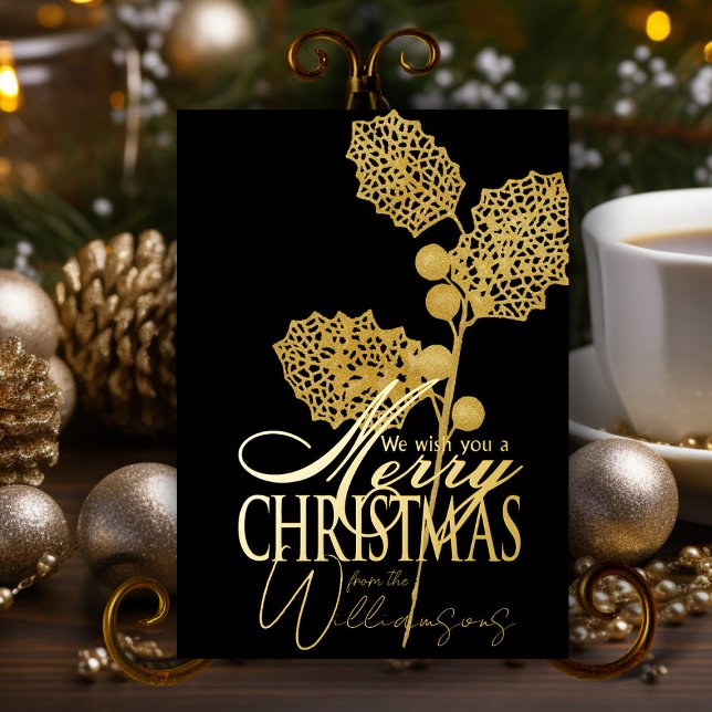Carte De Vœux En Aluminium Joyeux voeux de Noël Retro Xmas Card Gold Foil (elegant black and gold personalized Christmas card with name and gold foil)