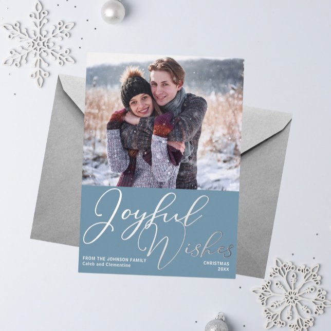 Carte De Vœux En Aluminium Joyeux voeux Noël Photo Ardoise Bleu Argent (Créateur téléchargé)