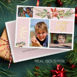 Carte De Vœux En Aluminium Joyful Merry et Bright photo collage or blush<br><div class="desc">Carte de vacances en feuille d'or de luxe boho moderne tendance rose vif collage photo avec un bouquet floral saisonnier d'aquarelle de Noël avec une fleur en terre cuite rouge poinsettia, une pinecone, un chasseur de sauge bouges vertes et feuillage avec "Joyeux" "Joyeux et brillant" script de typographie lettré main....</div>