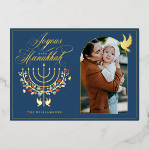 Carte De Vœux En Aluminium Joyous Hanoukka Festive Menorah Candle Photo Blue