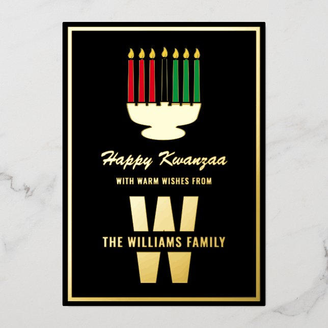 Carte De Vœux En Aluminium Kinara Candles Monogram Nom de famille Happy Kwanz (Recto)