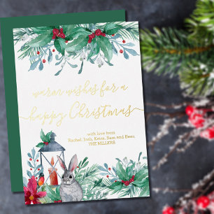 Carte De Vœux En Aluminium Lapin Lanterne et Houx Joyeux Noël Or