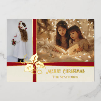 Carte De Vœux En Aluminium Lettre de Noël Ruban Rouge et Beige Holly