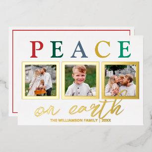 Carte De Vœux En Aluminium Lettres colorées 3 Photo Chic Peace On Earth Gold