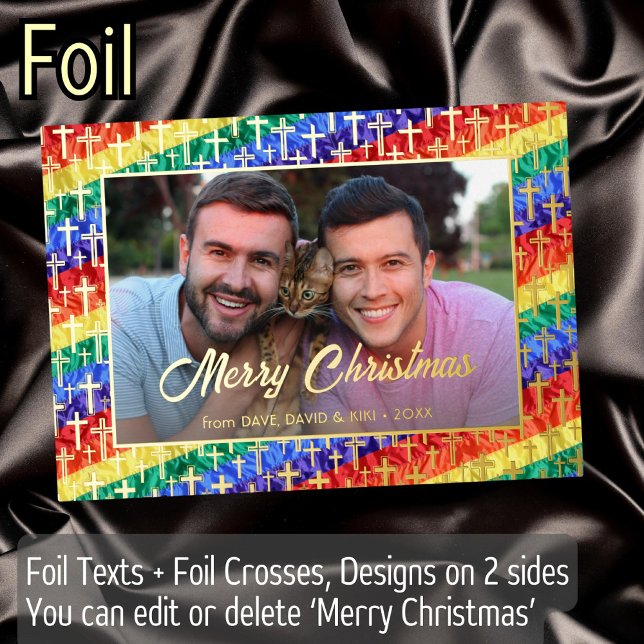 Carte De Vœux En Aluminium LGBT Gay rainbow flag cross Christmas photo person (Créateur téléchargé)