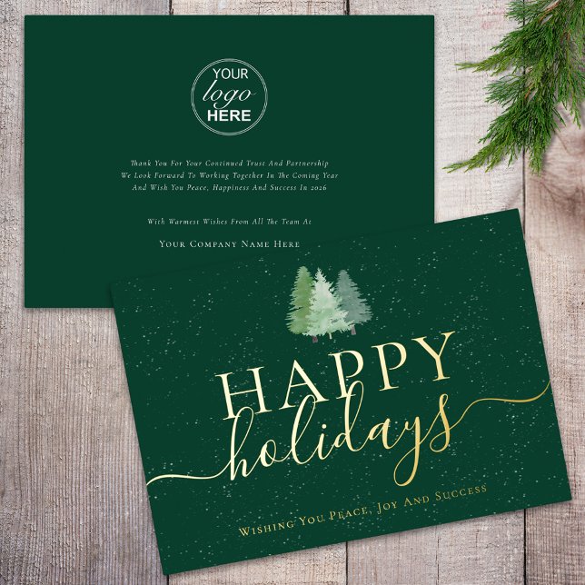 Carte De Vœux En Aluminium Logo d'affaires moderne Woodland Snow Happy Holida (Modern happy holidays snowy woodland fir trees business logo christmas green and gold foil card)