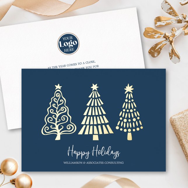 Carte De Vœux En Aluminium Logo d'entreprise en or véritable Navy Script Tree (Créateur téléchargé)