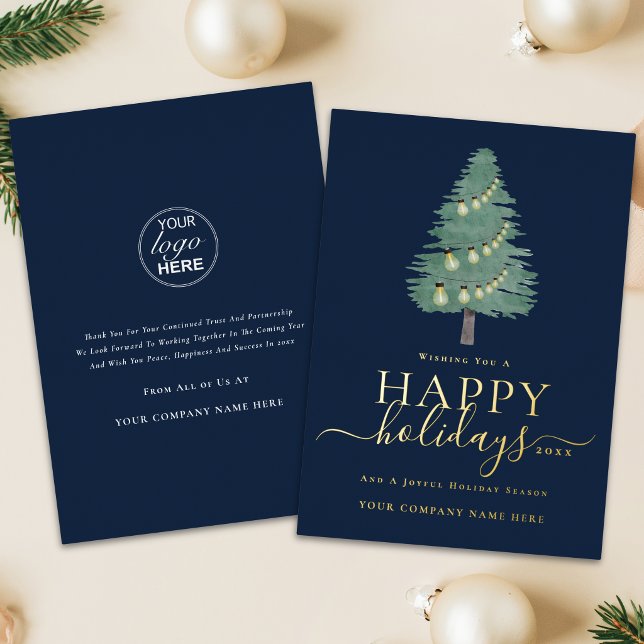 Carte De Vœux En Aluminium Logo d'entreprise Joyeux Noël Arbre de Noël Or (Modern corporate logo business happy holidays blue & gold foil elegant script Christmas card)